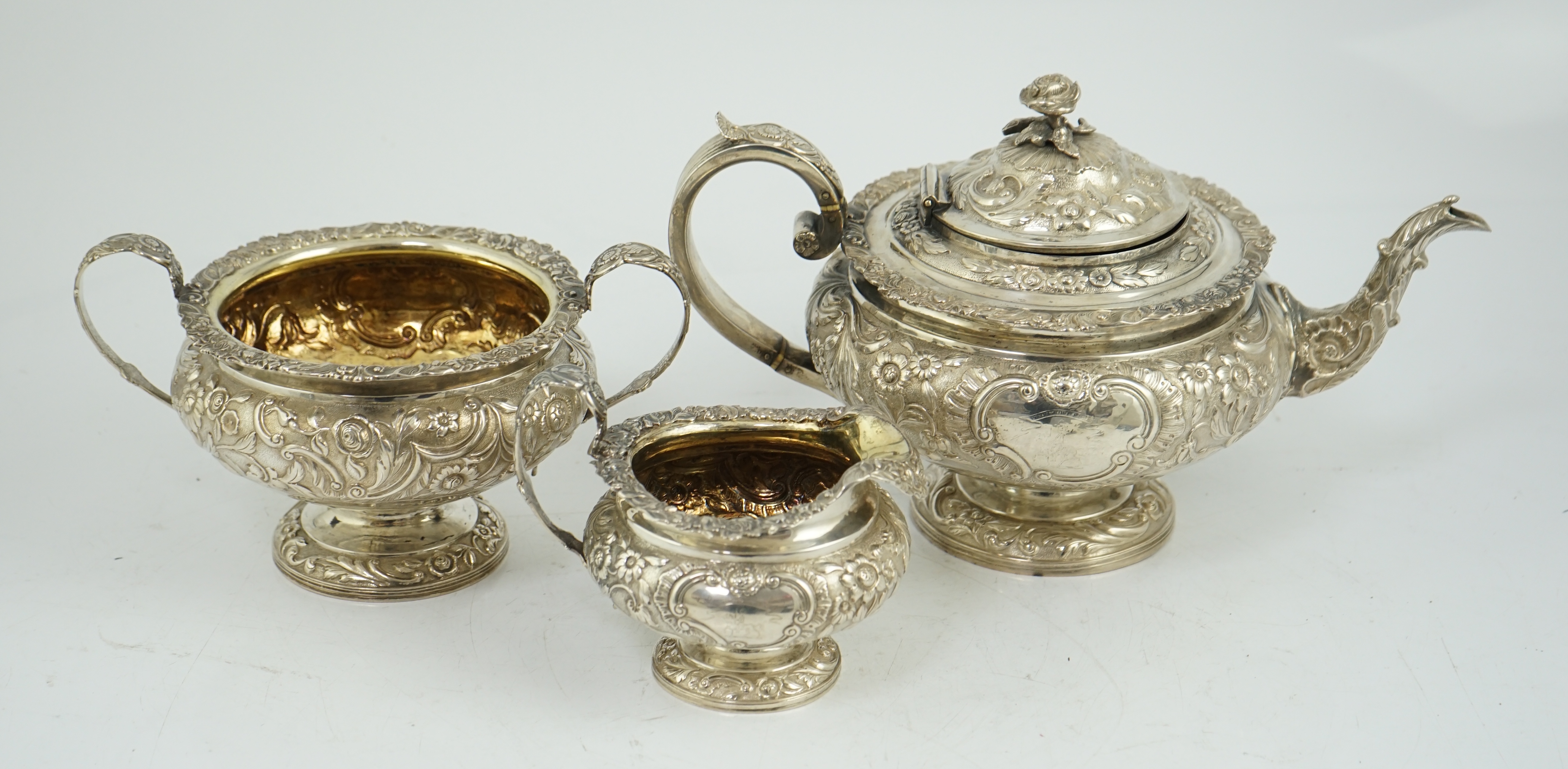 A George IV Scottish silver three piece pedestal tea set, by Peter Aitken I, CITES submission reference:T4BKA65U